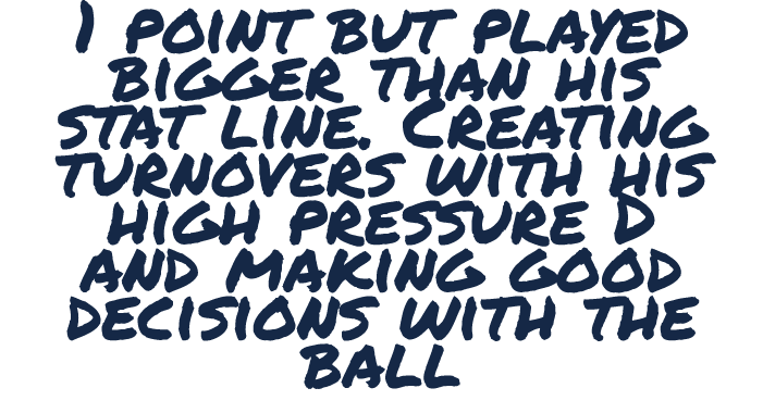 1 point but played bigger than his stat line. Creating turnovers with his high pressure D and making good decisions w...