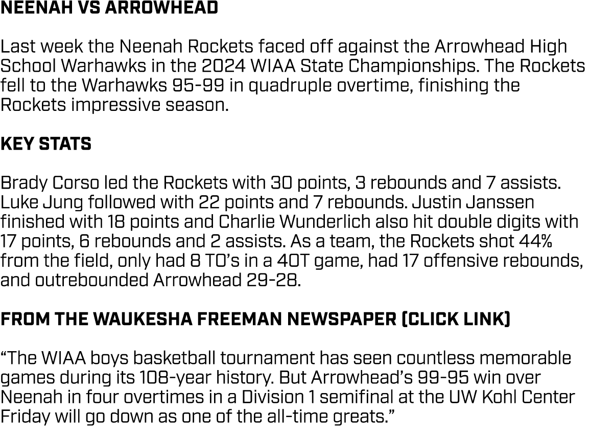 NEENAH VS ARROWHEAD Last week the Neenah Rockets faced off against the Arrowhead High School Warhawks in the 2024 WIA...