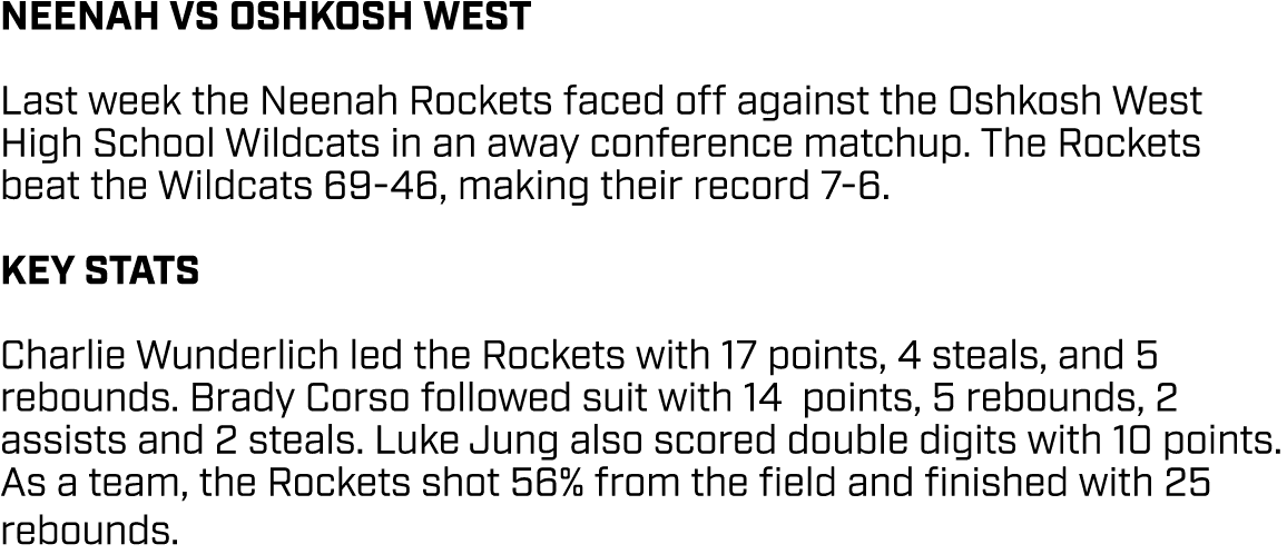 NEENAH VS OSHKOSH WEST Last week the Neenah Rockets faced off against the Oshkosh West High School Wildcats in an awa...