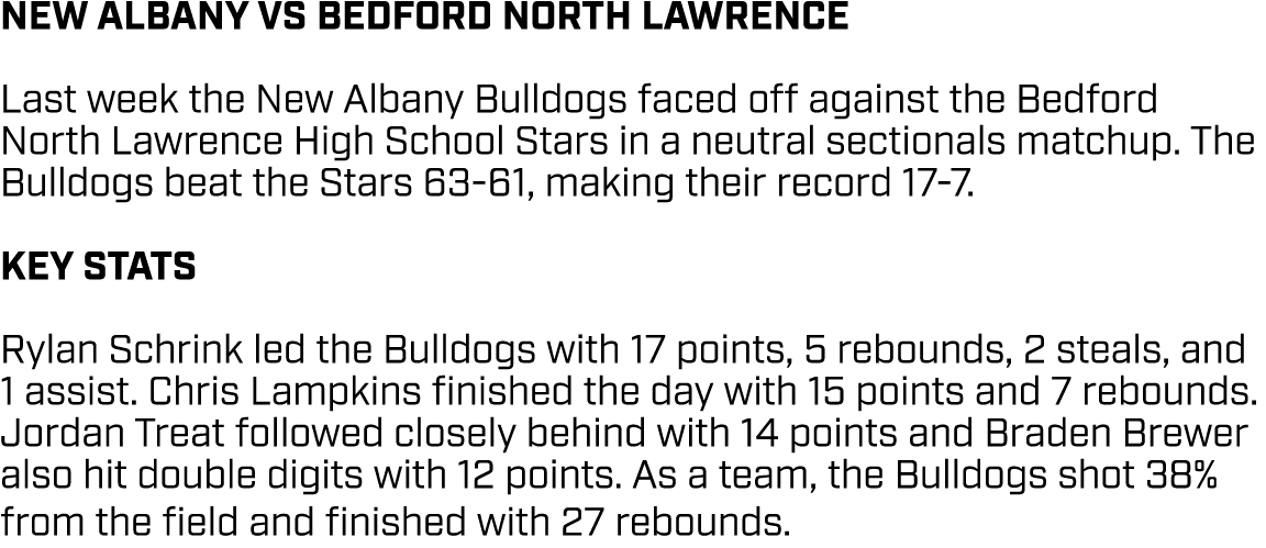 NEW ALBANY VS BEDFORD NORTH LAWRENCE Last week the New Albany Bulldogs faced off against the Bedford North Lawrence H...