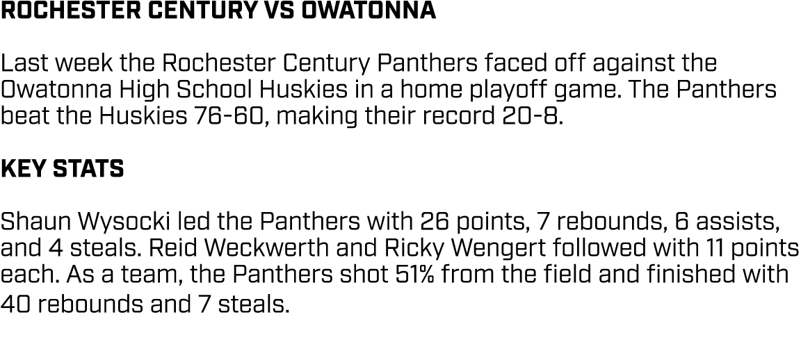 ROCHESTER CENTURY VS OWATONNA Last week the Rochester Century Panthers faced off against the Owatonna High School Hus...