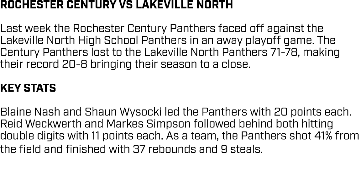 ROCHESTER CENTURY VS LAKEVILLE NORTH Last week the Rochester Century Panthers faced off against the Lakeville North H...