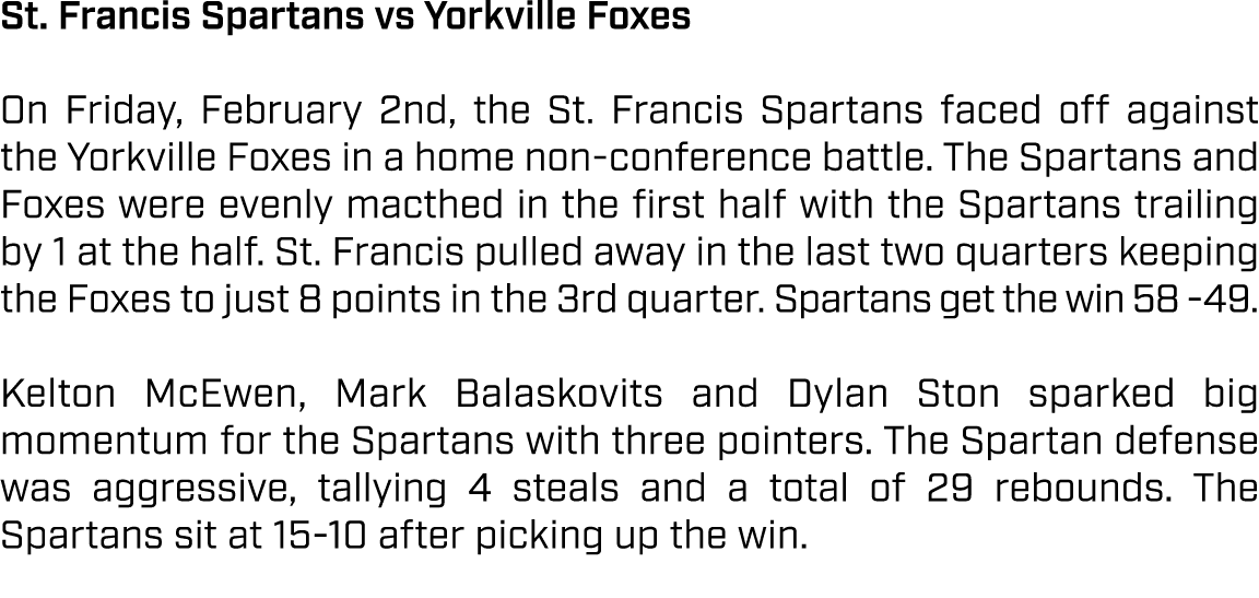 St. Francis Spartans vs Yorkville Foxes On Friday, February 2nd, the St. Francis Spartans faced off against the Yorkv...