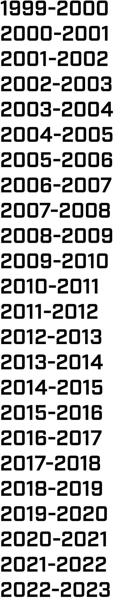 1999 2000 2000 2001 2001 2002 2002 2003 2003 2004 2004 2005 2005 2006 2006 2007 2007 2008 2008 2009 2009 2010 2010 20...