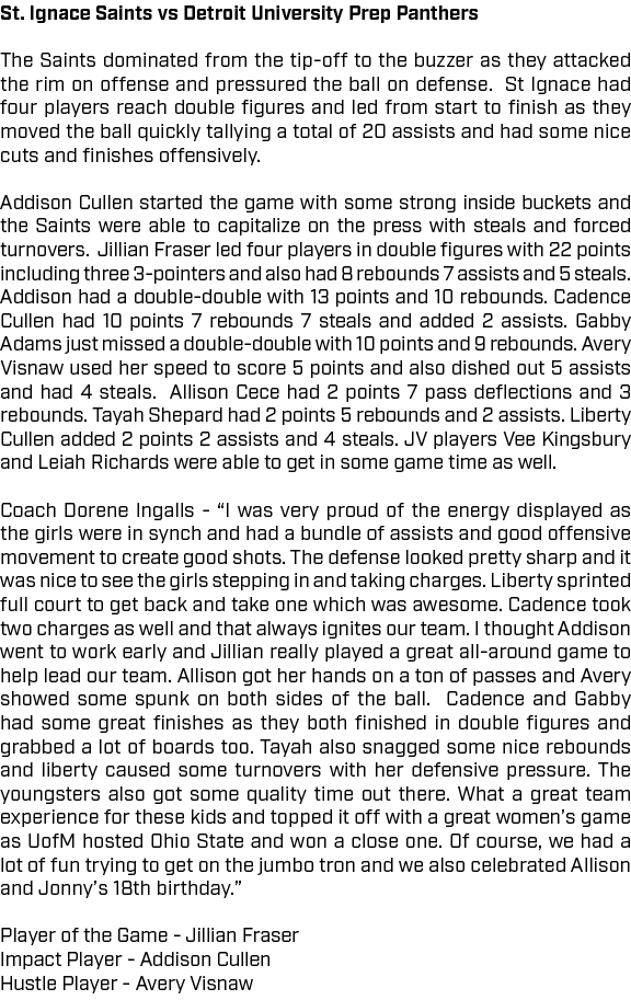 St. Ignace Saints vs Detroit University Prep Panthers The Saints dominated from the tip off to the buzzer as they att...