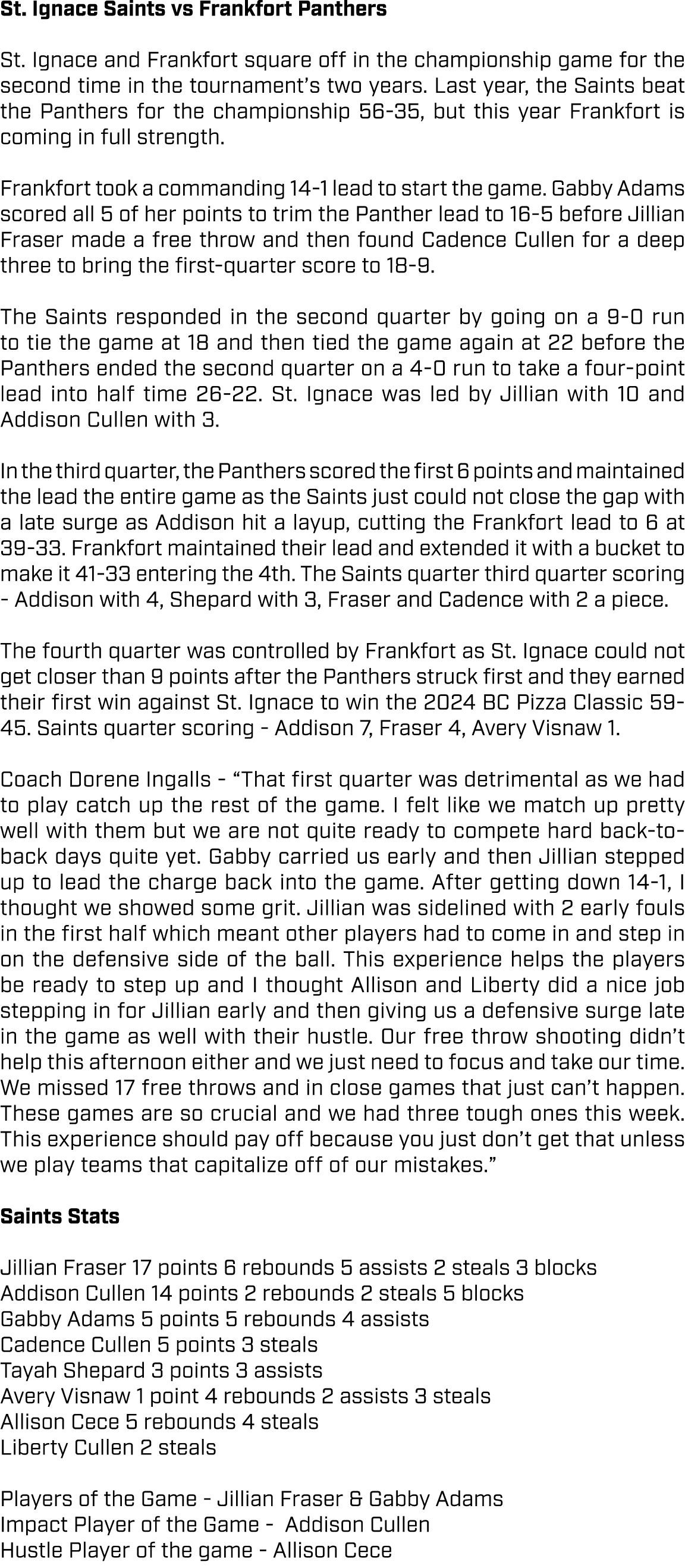 St. Ignace Saints vs Frankfort Panthers St. Ignace and Frankfort square off in the championship game for the second t...