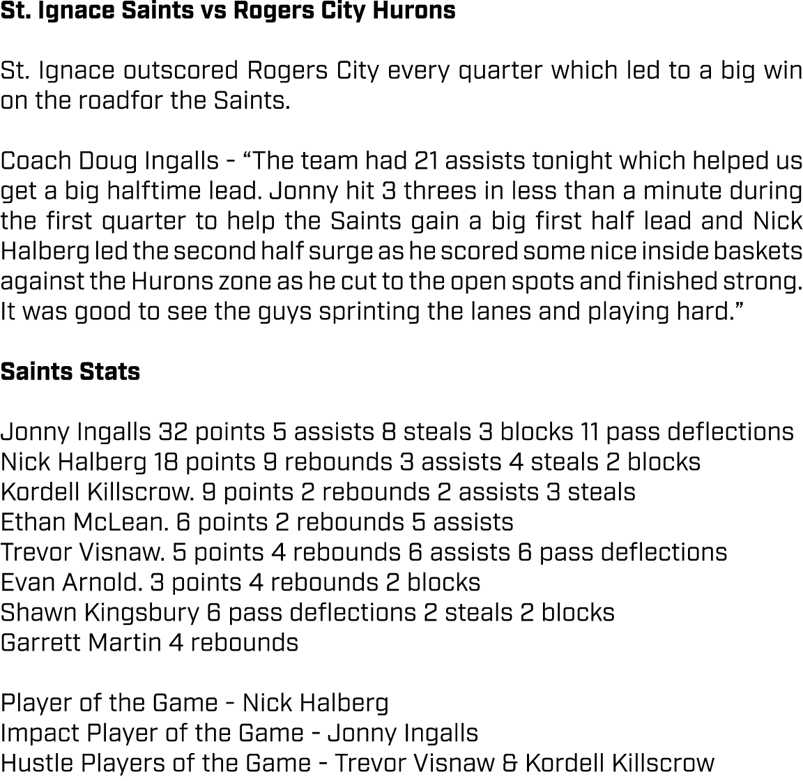 St. Ignace Saints vs Rogers City Hurons St. Ignace outscored Rogers City every quarter which led to a big win on the ...