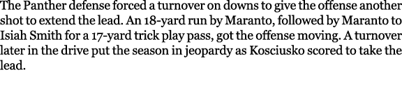 The Panther defense forced a turnover on downs to give the offense another shot to extend the lead. An 18 yard run by...