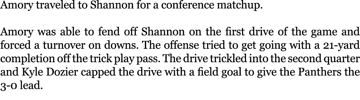 Amory traveled to Shannon for a conference matchup. Amory was able to fend off Shannon on the first drive of the game...