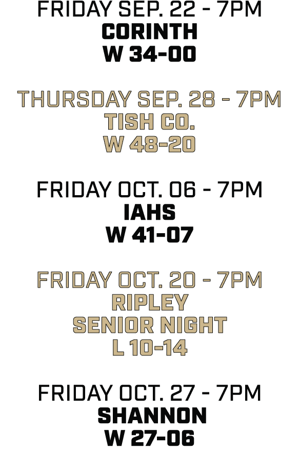 friday sep. 22 7pm corinth W 34 00 thursday sep. 28 7pm tish co. W 48 20 friday oct. 06 7pm iahs W 41 07 friday oct. ...