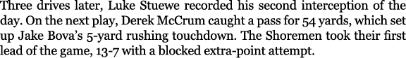 Three drives later, Luke Stuewe recorded his second interception of the day. On the next play, Derek McCrum caught a ...
