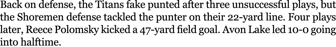 Back on defense, the Titans fake punted after three unsuccessful plays, but the Shoremen defense tackled the punter o...
