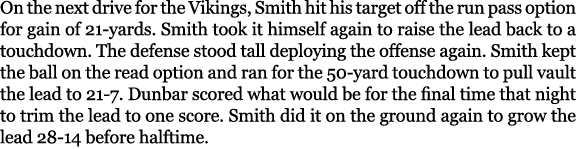 On the next drive for the Vikings, Smith hit his target off the run pass option for gain of 21 yards. Smith took it h...