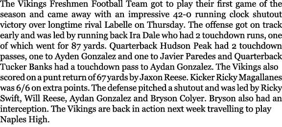 The Vikings Freshmen Football Team got to play their first game of the season and came away with an impressive 42 0 r...