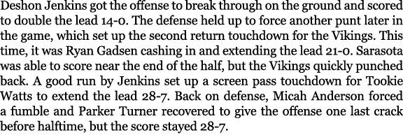 Deshon Jenkins got the offense to break through on the ground and scored to double the lead 14 0. The defense held up...