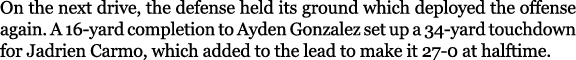 On the next drive, the defense held its ground which deployed the offense again. A 16 yard completion to Ayden Gonzal...