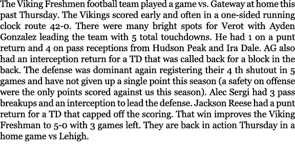 The Viking Freshmen football team played a game vs. Gateway at home this past Thursday. The Vikings scored early and ...