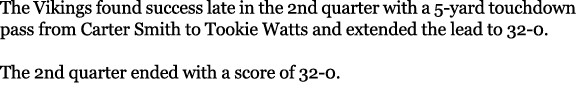The Vikings found success late in the 2nd quarter with a 5 yard touchdown pass from Carter Smith to Tookie Watts and ...