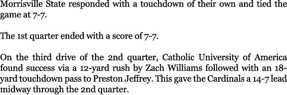 Morrisville State responded with a touchdown of their own and tied the game at 7 7. The 1st quarter ended with a scor...