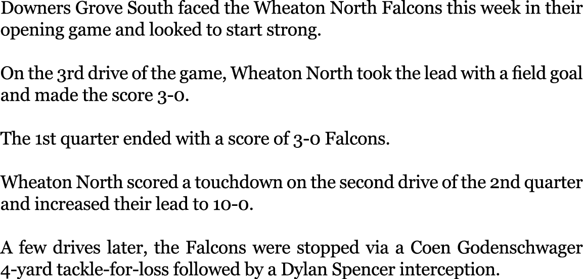 Downers Grove South faced the Wheaton North Falcons this week in their opening game and looked to start strong. On th...