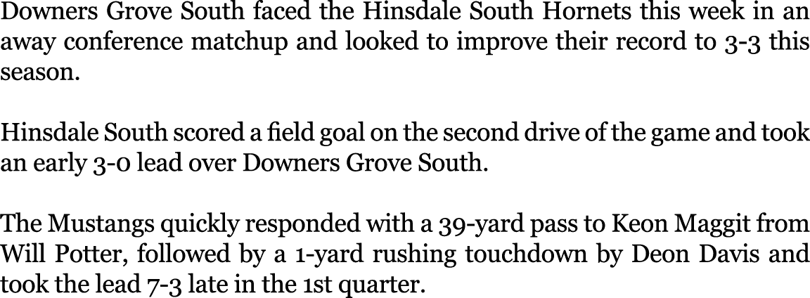 Downers Grove South faced the Hinsdale South Hornets this week in an away conference matchup and looked to improve th...