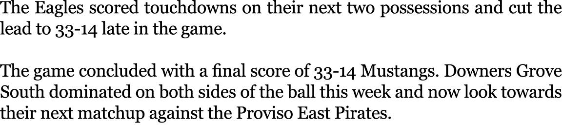 The Eagles scored touchdowns on their next two possessions and cut the lead to 33-14 late in the game. The game concl...