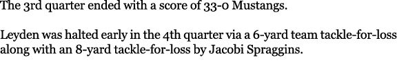 The 3rd quarter ended with a score of 33-0 Mustangs. Leyden was halted early in the 4th quarter via a 6-yard team ta...