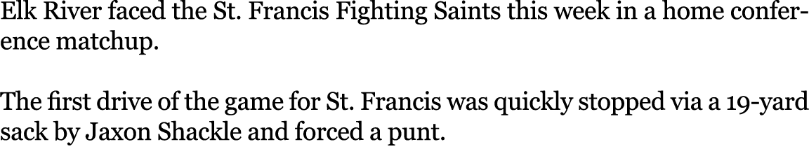 Elk River faced the St. Francis Fighting Saints this week in a home conference matchup. The first drive of the game f...