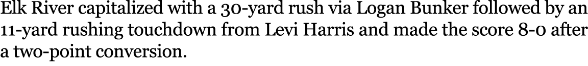 Elk River capitalized with a 30 yard rush via Logan Bunker followed by an 11 yard rushing touchdown from Levi Harris ...