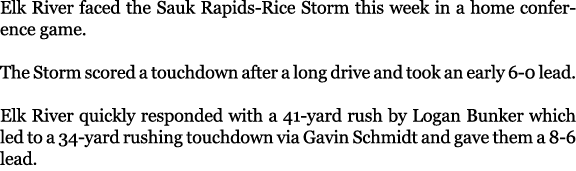 Elk River faced the Sauk Rapids Rice Storm this week in a home conference game. The Storm scored a touchdown after a ...