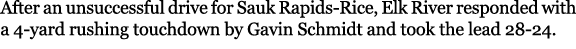 After an unsuccessful drive for Sauk Rapids Rice, Elk River responded with a 4 yard rushing touchdown by Gavin Schmid...