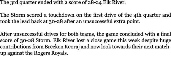 The 3rd quarter ended with a score of 28 24 Elk River. The Storm scored a touchdown on the first drive of the 4th qua...