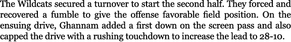 The Wildcats secured a turnover to start the second half. They forced and recovered a fumble to give the offense favo...