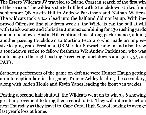 The Estero Wildcats JV traveled to Island Coast in search of the first win of the season. The wildcats started off ho...