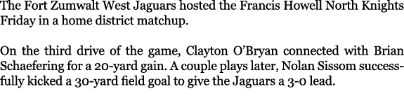 The Fort Zumwalt West Jaguars hosted the Francis Howell North Knights Friday in a home district matchup. On the third...