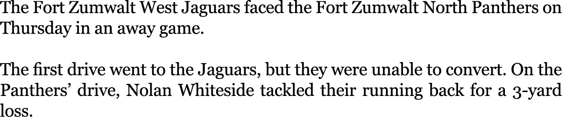 The Fort Zumwalt West Jaguars faced the Fort Zumwalt North Panthers on Thursday in an away game. The first drive went...