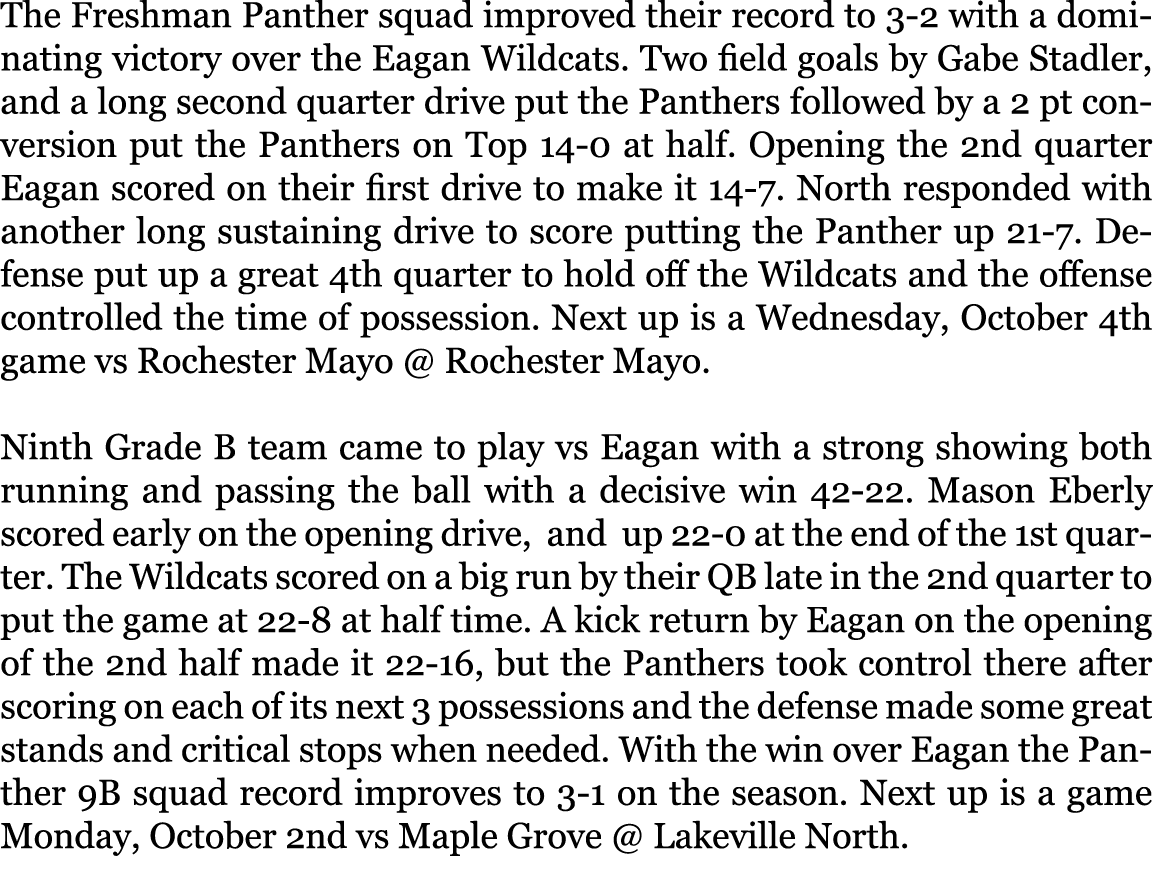 The Freshman Panther squad improved their record to 3 2 with a dominating victory over the Eagan Wildcats. Two field ...