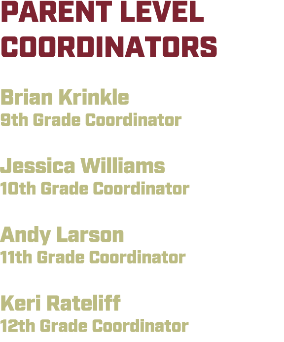 PARENT LEVEL COORDINATORS Brian Krinkle 9th Grade Coordinator Jessica Williams 10th Grade Coordinator Andy Larson 11t...