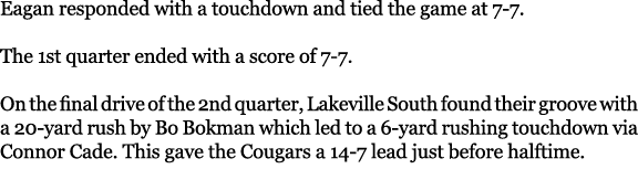 Eagan responded with a touchdown and tied the game at 7 7. The 1st quarter ended with a score of 7 7. On the final dr...
