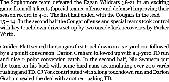 The Sophomore team defeated the Eagan Wildcats 38 21 in an exciting game from all 3 facets (special teams, offense an...