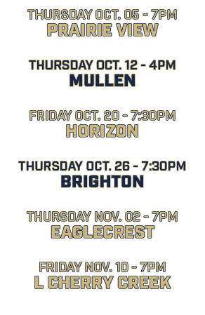 thursday oct. 05 7pm prairie view thursday oct. 12 4pm mullen friday oct. 20 7:30pm horizon thursday oct. 26 7:30pm b...