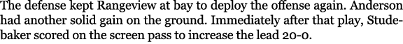 The defense kept Rangeview at bay to deploy the offense again. Anderson had another solid gain on the ground. Immedia...