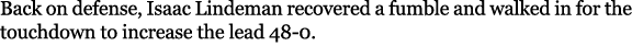 Back on defense, Isaac Lindeman recovered a fumble and walked in for the touchdown to increase the lead 48 0. 