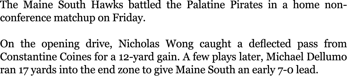 The Maine South Hawks battled the Palatine Pirates in a home non conference matchup on Friday. On the opening drive, ...