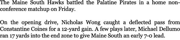 The Maine South Hawks battled the Palatine Pirates in a home non conference matchup on Friday. On the opening drive, ...