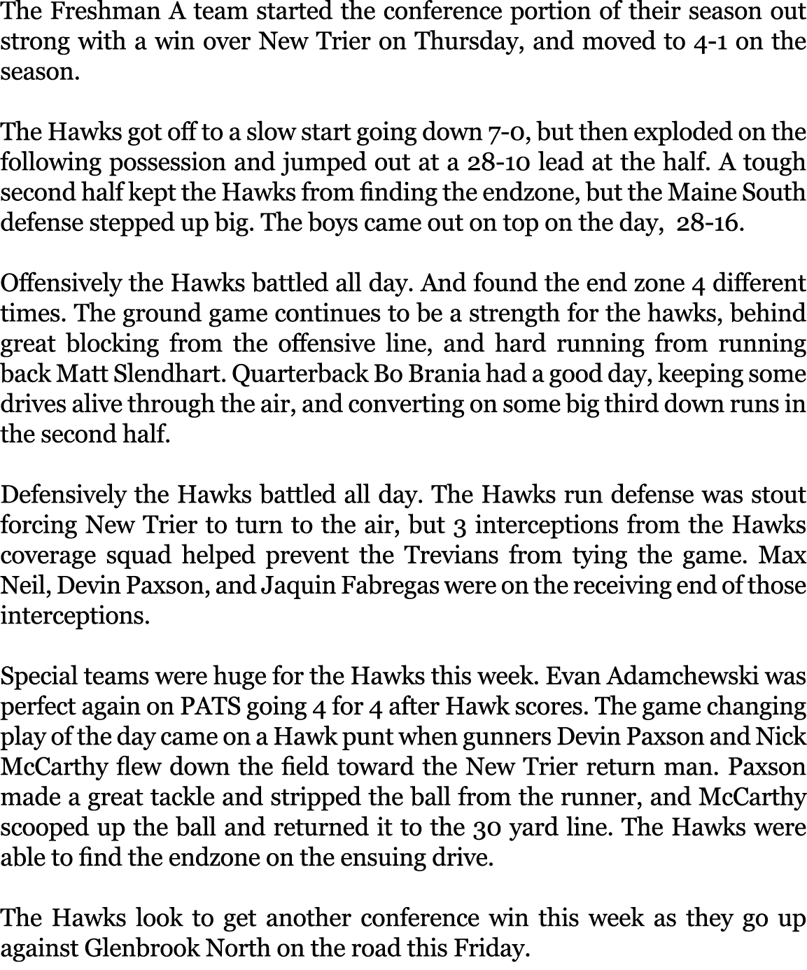 The Freshman A team started the conference portion of their season out strong with a win over New Trier on Thursday, ...