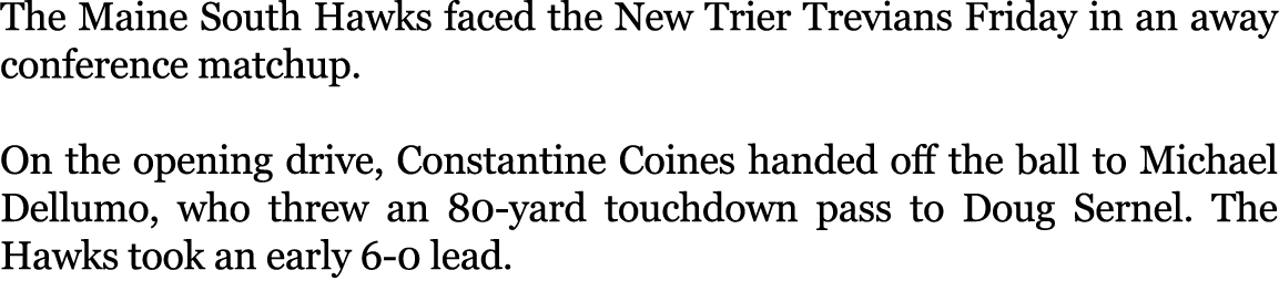 The Maine South Hawks faced the New Trier Trevians Friday in an away conference matchup. On the opening drive, Consta...