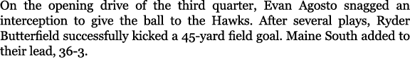 On the opening drive of the third quarter, Evan Agosto snagged an interception to give the ball to the Hawks. After s...