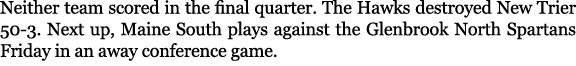 Neither team scored in the final quarter. The Hawks destroyed New Trier 50 3. Next up, Maine South plays against the ...