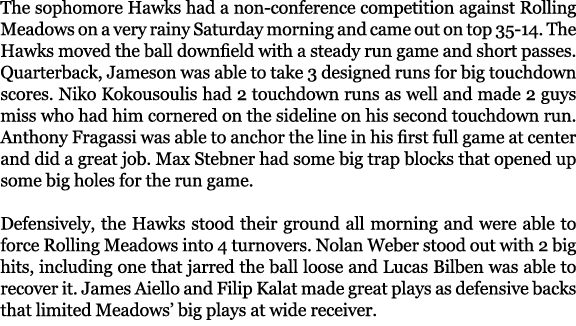 The sophomore Hawks had a non conference competition against Rolling Meadows on a very rainy Saturday morning and cam...